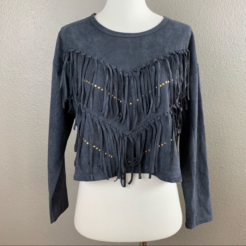 LA Reine faux suede crop top fringe & stud details